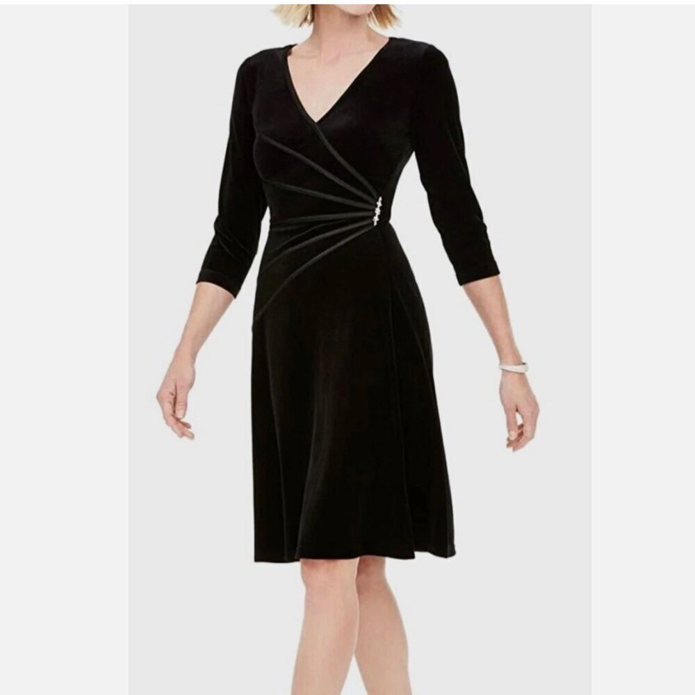 Connected Apparel Women's Navy Blue Polyester Bend 3/4 Sleeve Velvet Dress Sz 16